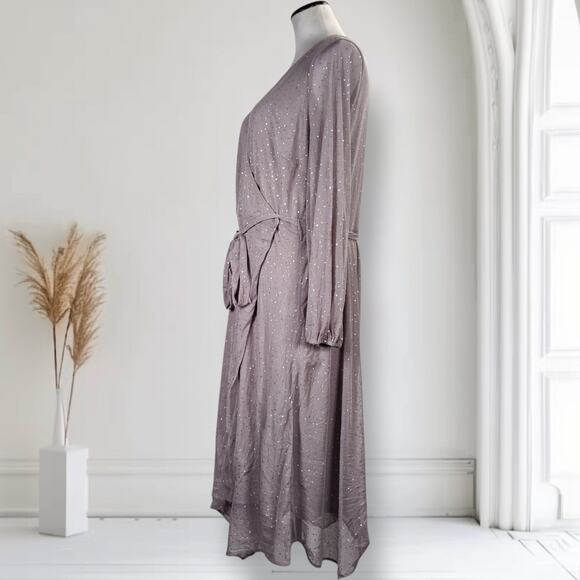 Alfani Glitter Mesh Wrap Dress 2X Silver Long Sleeve Plus Size Party Midi - Picture 2 of 14